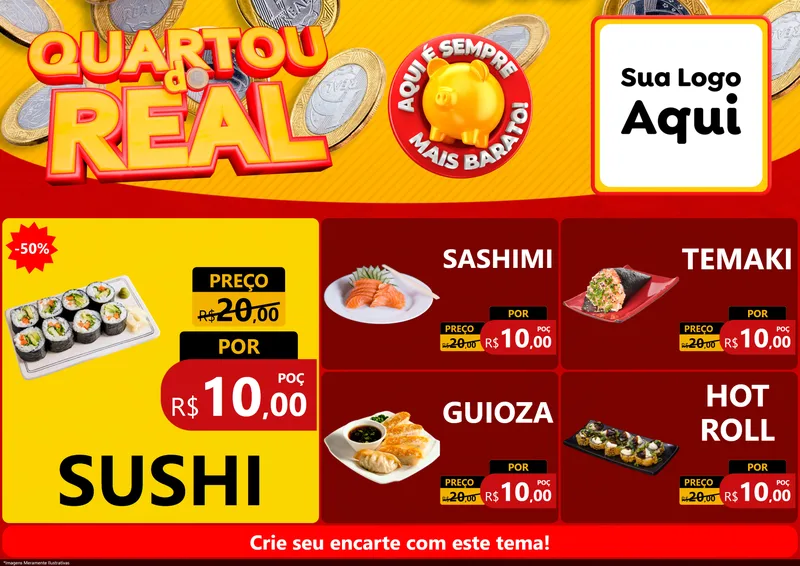 Modelo de Encarte para Encarte A4 Horizontal com o tema Quartou do Real para Comida japonesa