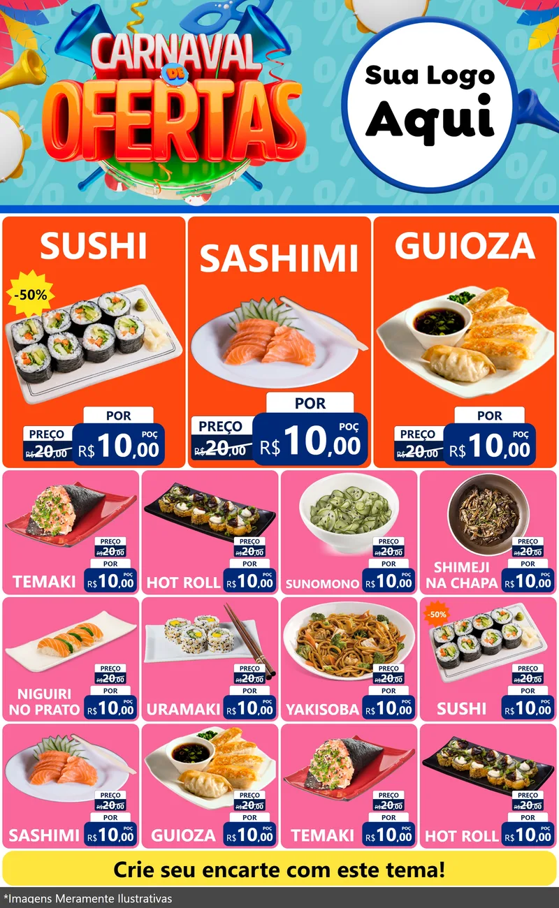 Modelo de Encarte para Encarte Grande com o tema Carnaval de Ofertas para Comida japonesa