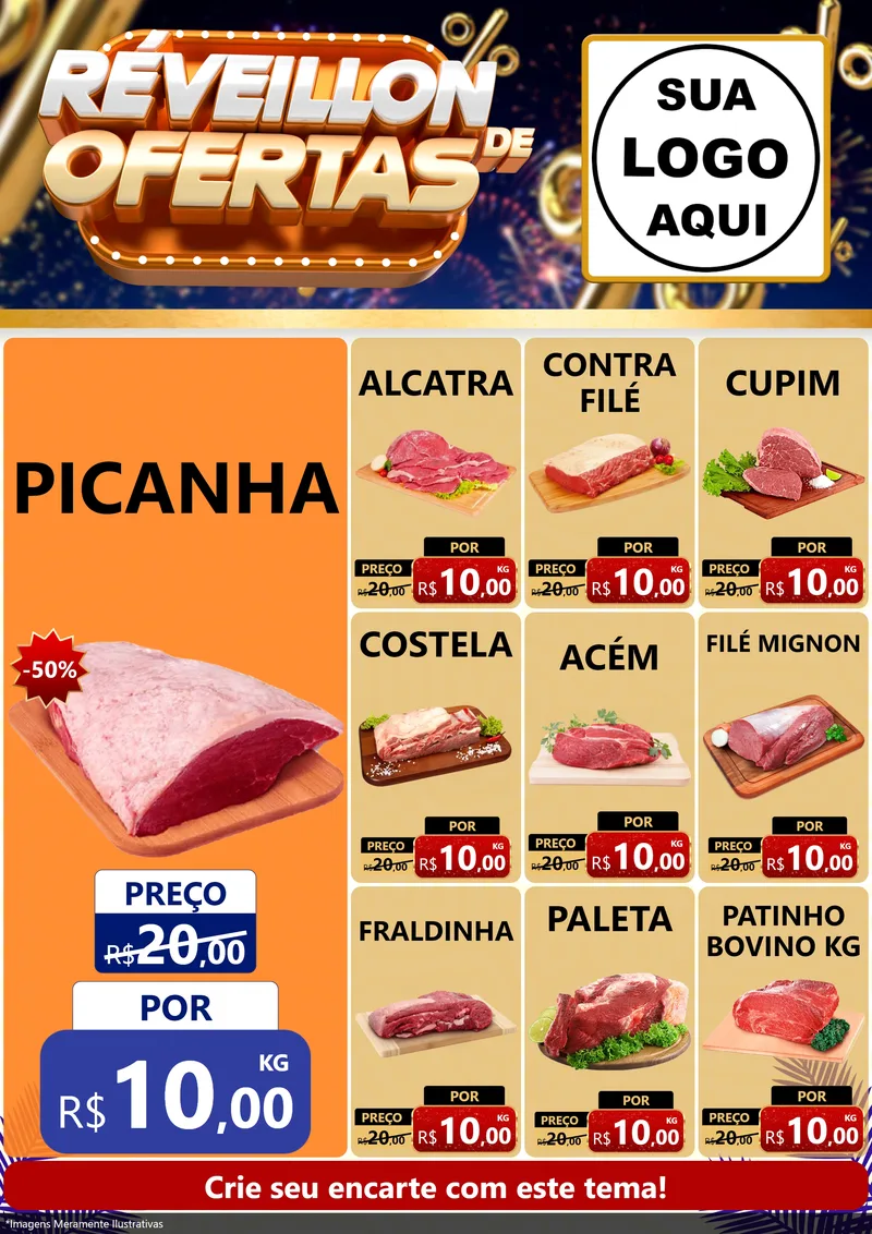 Modelo de Encarte para Encarte A4 Vertical com o tema Réveillon de Ofertas para Açougue