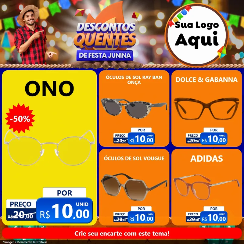 Modelo de Rede Social para Feed Facebook com o tema Descontos Quentes de Festa Junina para Óticas