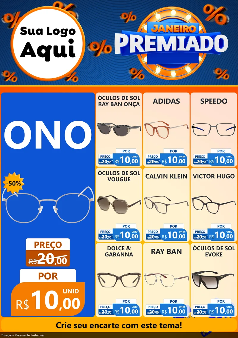 Modelo de Encarte para Encarte A4 Vertical com o tema Janeiro Premiado para Óticas