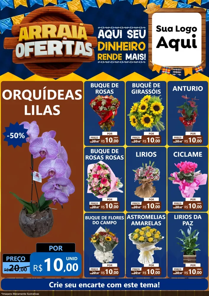 Modelo de Encarte para Encarte A4 Vertical com o tema Arraiá de Ofertas - Junina para Floricultura e jardim
