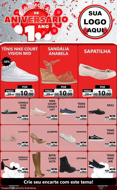 Modelo de Encarte para Encarte Grande com o tema Promoção de Aniversário - 1 Ano para Calçados