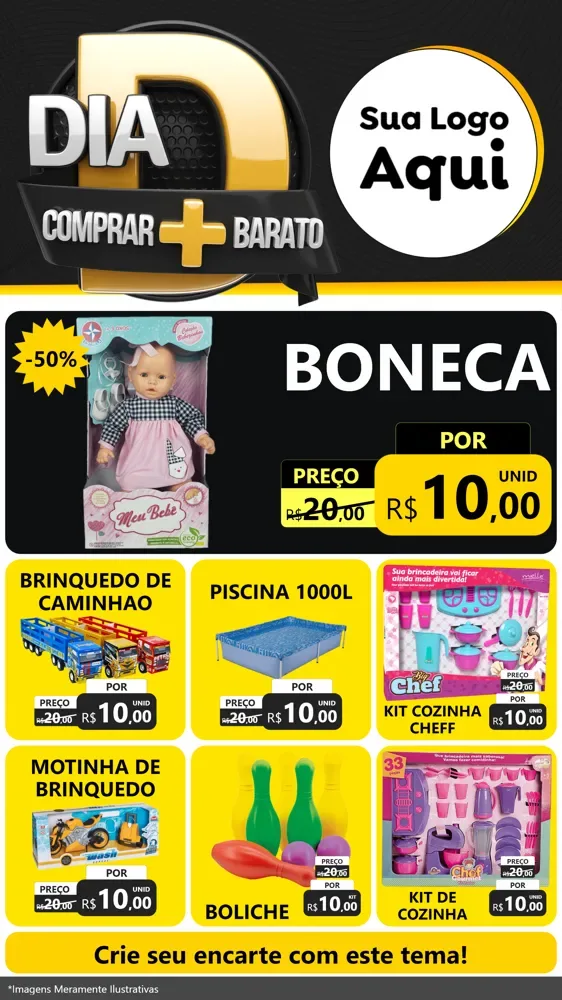 Modelo de Rede Social para Stories com o tema Dia D Mais Economia para Brinquedos