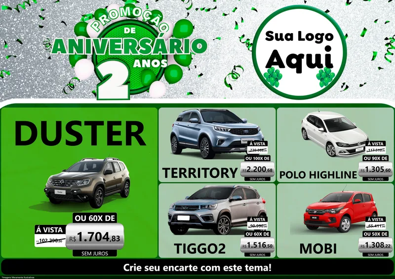 Modelo de Encarte para Encarte A4 Horizontal com o tema Promoção de Aniversário - 2 Anos para Concessionaria de Carros