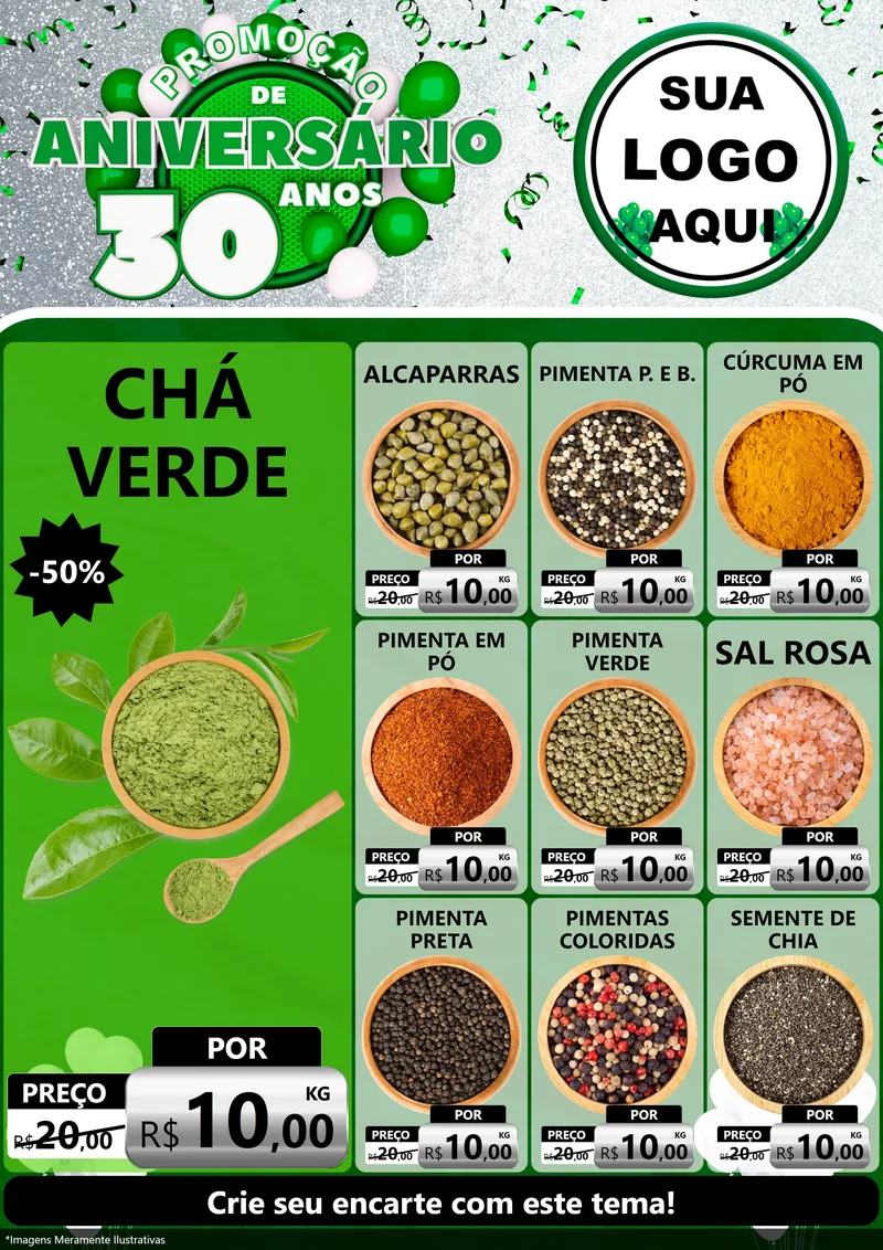 Modelo de Encarte para Encarte A4 Vertical com o tema Promoção de Aniversário - 30 Anos para Produtos Naturais