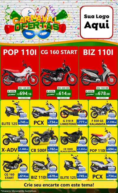 Modelo de Encarte para Encarte Grande com o tema Carnaval de Ofertas para Concessionaria de Motos