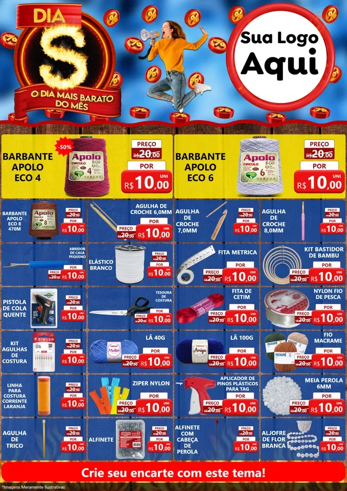 Modelo de Encarte para Encarte A4 Vertical com o tema Dia S - O Dia Mais Barato Do Mês para Armarinho e Aviamentos
