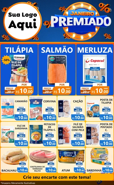 Modelo de Encarte para Encarte Grande com o tema Janeiro Premiado para Peixaria