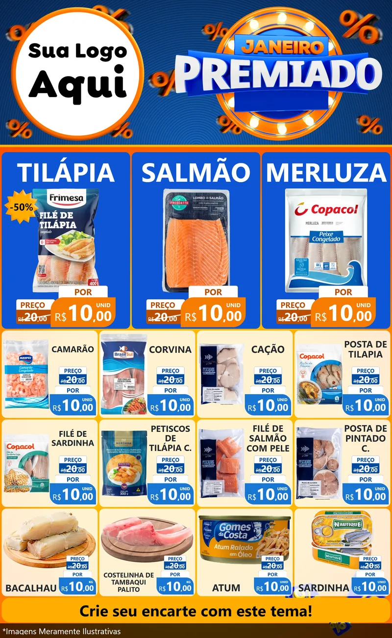 Modelo de Encarte para Encarte Grande com o tema Janeiro Premiado para Peixaria