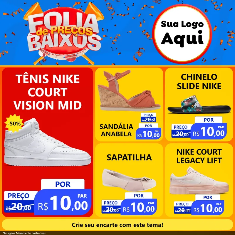 Modelo de Rede Social para Feed Facebook com o tema Folia de Preços Baixos para Calçados
