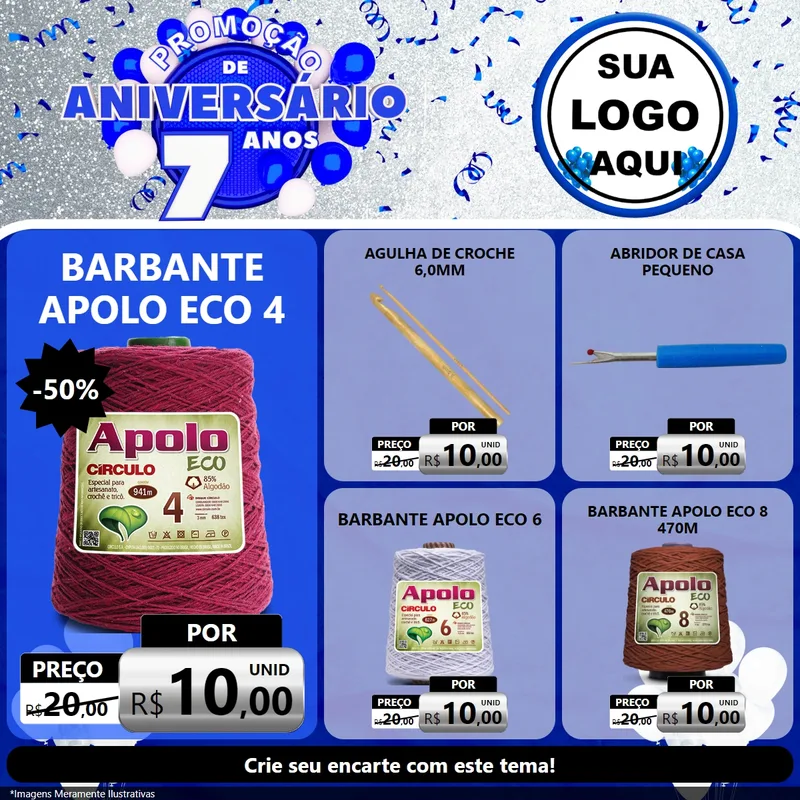 Modelo de Rede Social para Feed Facebook com o tema Promoção de Aniversário - 7 Anos para Armarinho e Aviamentos