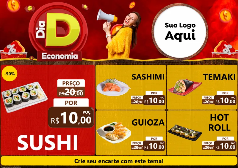Modelo de Encarte para Encarte A4 Horizontal com o tema Dia D Economia para Comida japonesa