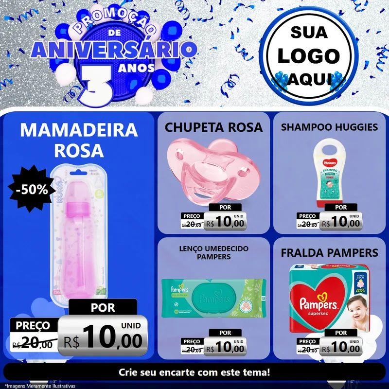 Modelo de Rede Social para Feed Facebook com o tema Promoção de Aniversário - 3 Anos para Bebês