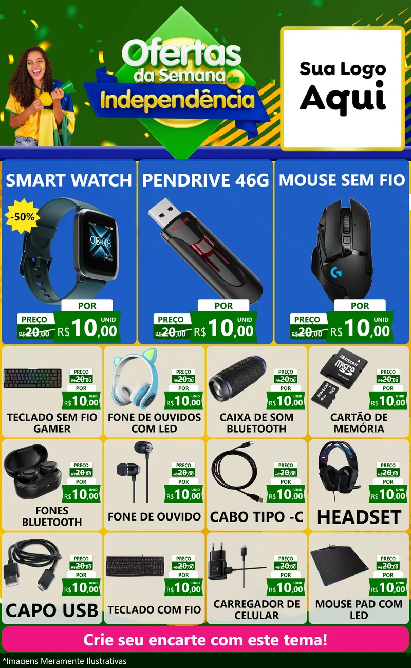 Modelo de Encarte para Encarte Grande com o tema Ofertas da Semana da Independência para Informática