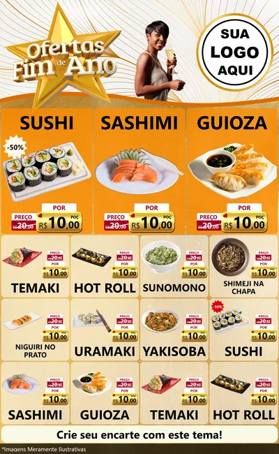 Modelo de Encarte para Encarte Grande com o tema Ofertas Fim de Ano para Comida japonesa