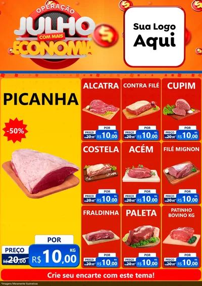 Modelo de Encarte para Encarte A4 Vertical com o tema Operação Julho Com Mais Economia para Açougue