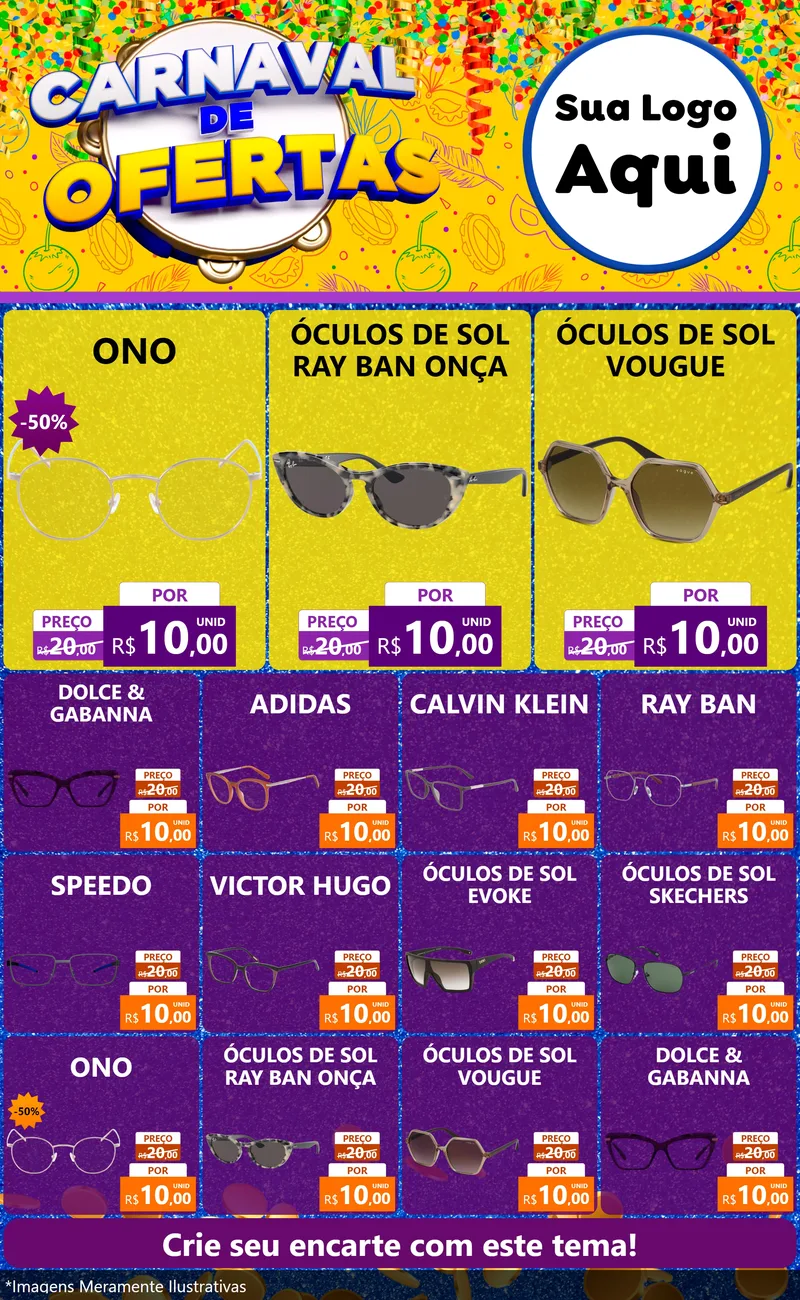Modelo de Encarte para Encarte Grande com o tema Carnaval de Ofertas para Óticas