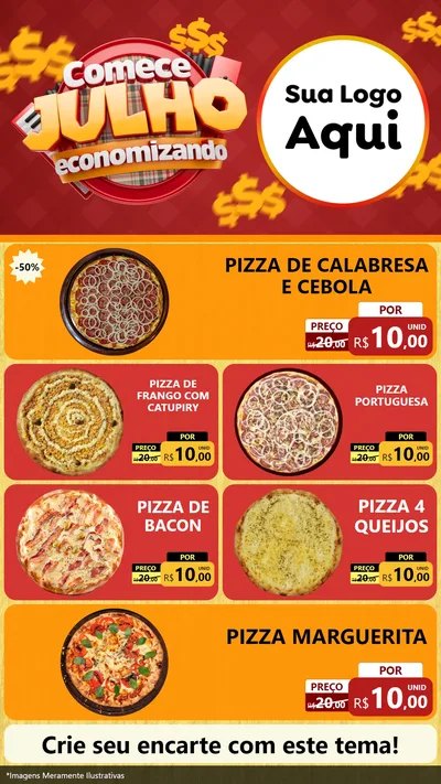 Modelo de TV para TV Vertical com o tema Comece Julho Economizando para Pizzaria