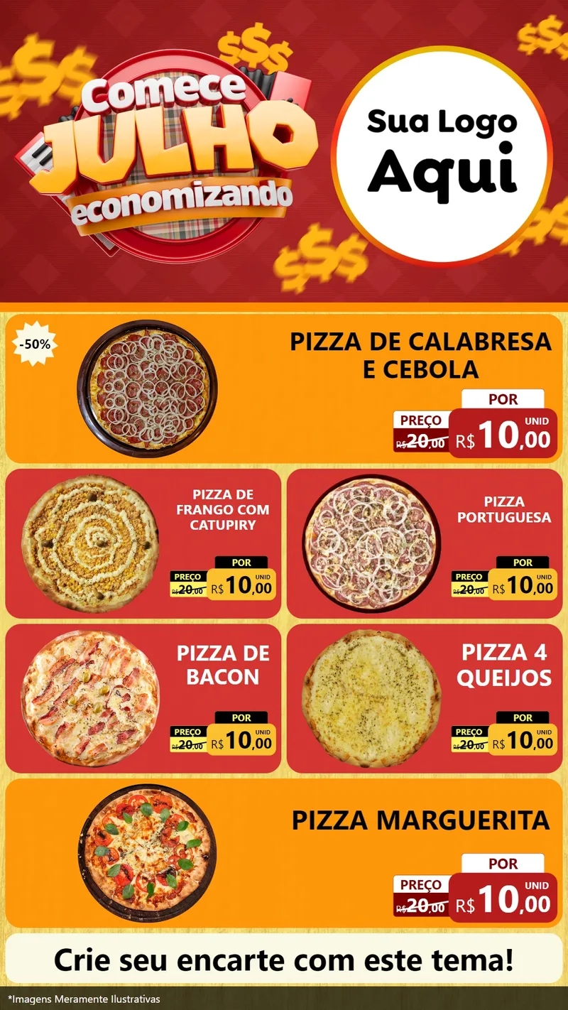 Modelo de TV para TV Vertical com o tema Comece Julho Economizando para Pizzaria