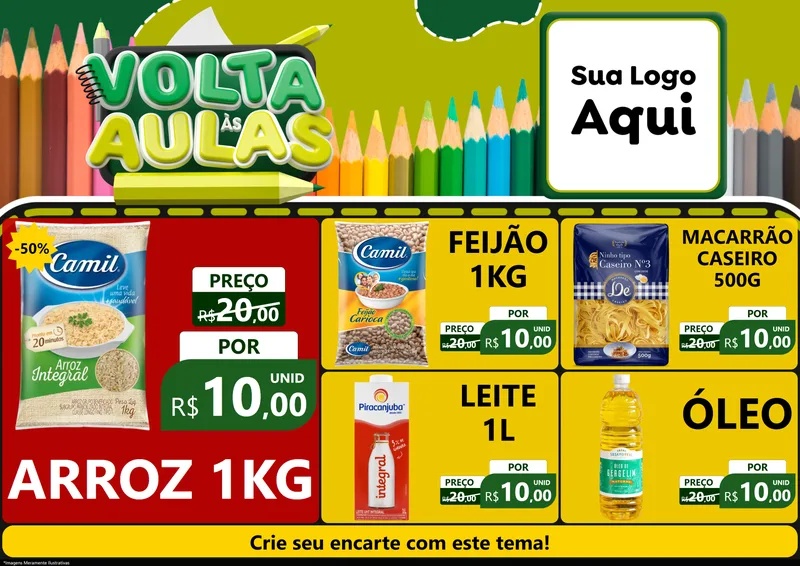 Modelo de Encarte para Encarte A4 Horizontal com o tema Volta às Aulas para Supermercado