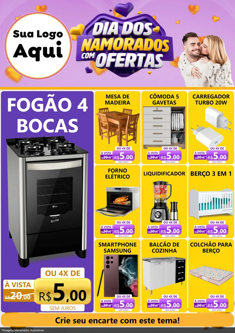 Modelo de Encarte para Encarte A4 Vertical com o tema Dia Dos Namorados Com Ofertas para Móveis e Eletro