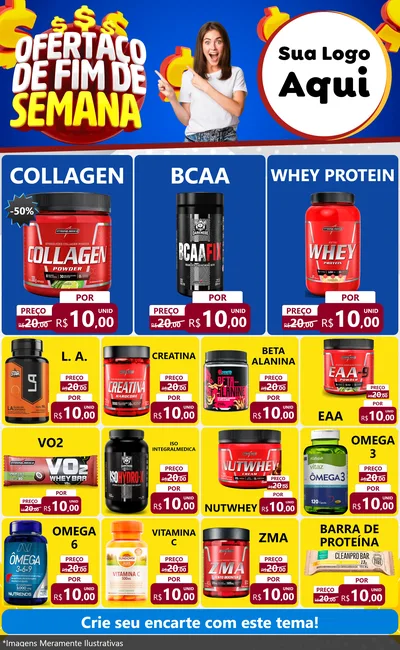 Modelo de Encarte para Encarte Grande com o tema Ofertaço de Fim de Semana para Suplementos alimentares