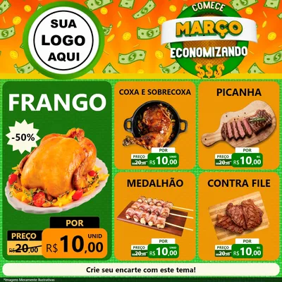 Modelo de Rede Social para Feed Facebook com o tema Comece Março Economizando para Assados
