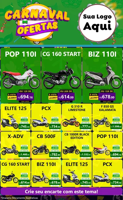 Modelo de Encarte para Encarte Grande com o tema Carnaval de Ofertas para Concessionaria de Motos