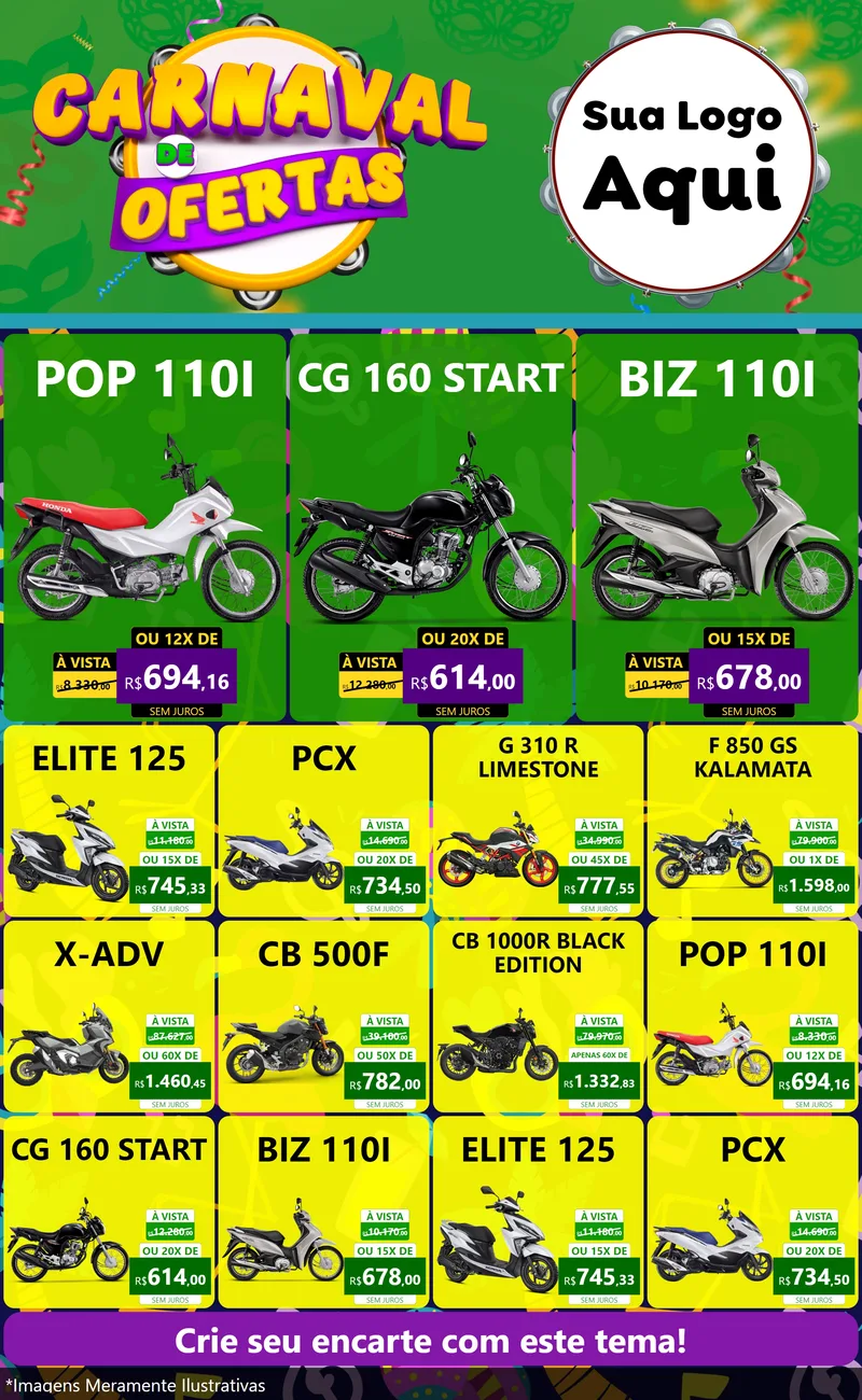Modelo de Encarte para Encarte Grande com o tema Carnaval de Ofertas para Concessionaria de Motos