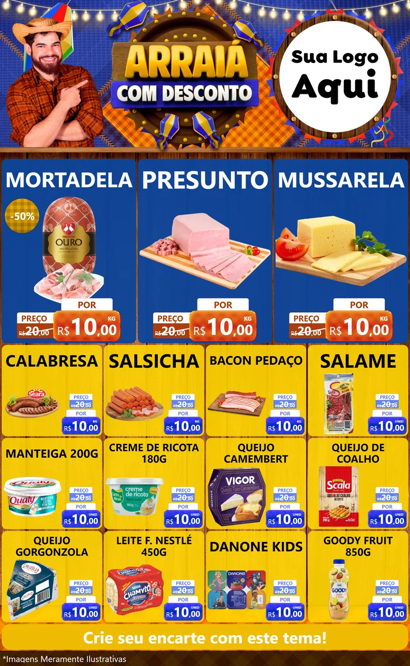 Modelo de Encarte para Encarte Grande com o tema Arraiá Com Desconto para Frios e Laticínios