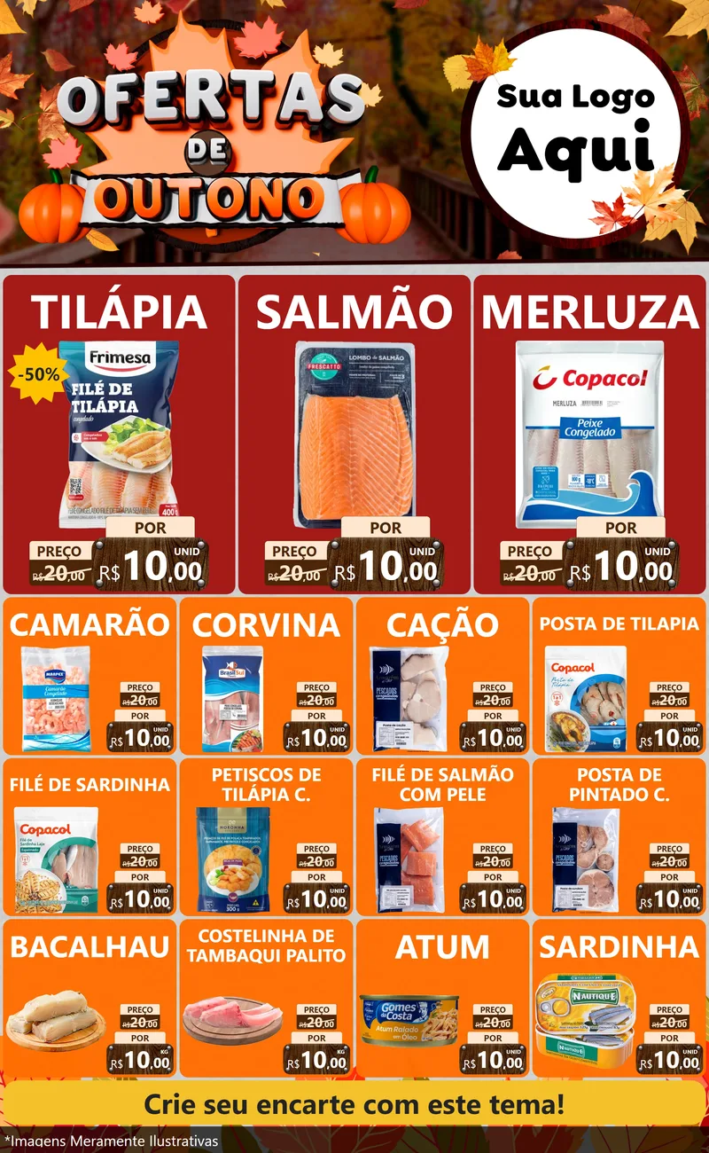 Modelo de Encarte para Encarte Grande com o tema Ofertas de Outono para Peixaria