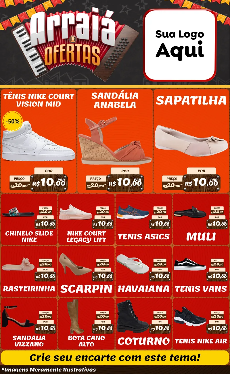 Modelo de Encarte para Encarte Grande com o tema Arraiá de Ofertas - Junina para Calçados