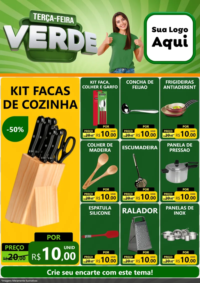 Modelo de Encarte para Encarte A4 Vertical com o tema Terça - Feira Verde para Utilidades Domésticas
