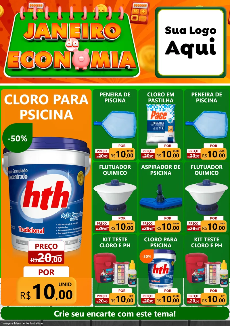 Modelo de Encarte para Encarte A4 Vertical com o tema Janeiro da Economia para Produtos para Piscina