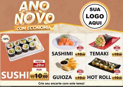 Modelo de Encarte para Encarte A4 Horizontal com o tema Ano Novo Com Economia para Comida japonesa
