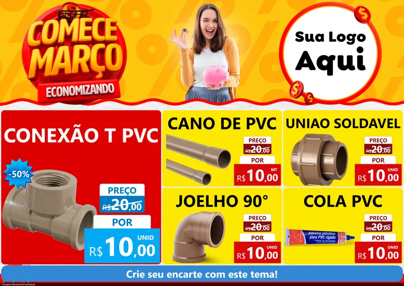 Modelo de Encarte para Encarte A4 Horizontal com o tema Comece Março Economizando para Tubos e conexões