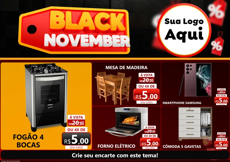 Modelo de Encarte para Encarte A4 Horizontal com o tema Black November para Móveis e Eletro