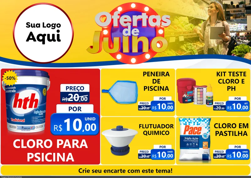 Modelo de Encarte para Encarte A4 Horizontal com o tema Ofertas de Julho para Produtos para Piscina