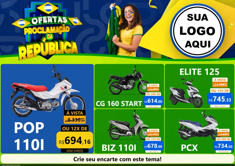 Modelo de Encarte para Encarte A4 Horizontal com o tema Ofertas Proclamação da República para Concessionaria de Motos