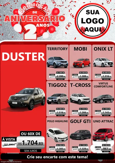 Modelo de Encarte para Encarte A4 Vertical com o tema Promoção de Aniversário - 2 Anos para Concessionaria de Carros