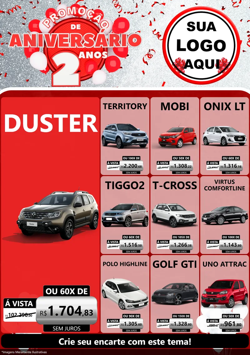 Modelo de Encarte para Encarte A4 Vertical com o tema Promoção de Aniversário - 2 Anos para Concessionaria de Carros