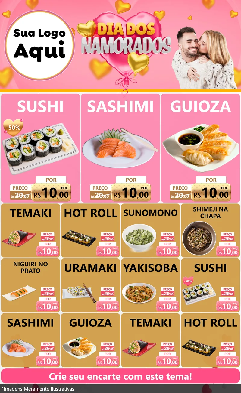 Modelo de Encarte para Encarte Grande com o tema Dia dos Namorados para Comida japonesa