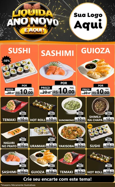 Modelo de Encarte para Encarte Grande com o tema Liquida Ano Novo É Aqui! para Comida japonesa