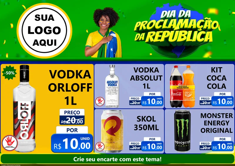 Modelo de Encarte para Encarte A4 Horizontal com o tema Dia Da Proclamação Da República para Distribuidora de bebidas