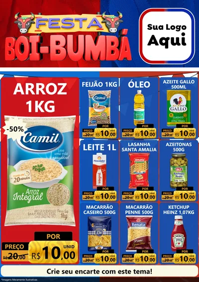 Modelo de Encarte para Encarte A4 Vertical com o tema Festa Boi Bumbá para Supermercado