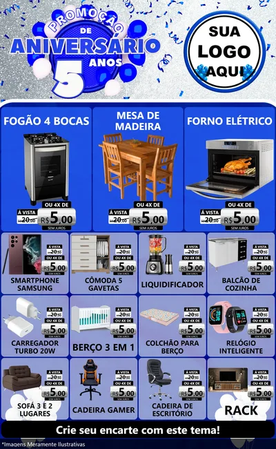 Modelo de Encarte para Encarte Grande com o tema Promoção de Aniversário - 5 Anos para Móveis e Eletro