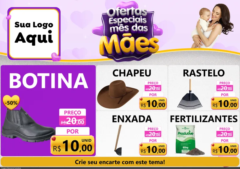 Modelo de Encarte para Encarte A4 Horizontal com o tema Ofertas Especiais - Mês das Mães para Agropecuária