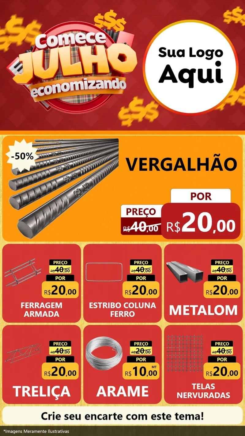 Modelo de Rede Social para Stories com o tema Comece Julho Economizando para Ferragens