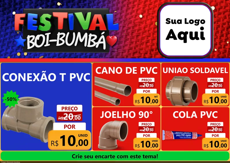 Modelo de Encarte para Encarte A4 Horizontal com o tema Festival Boi-Bumbá para Tubos e conexões